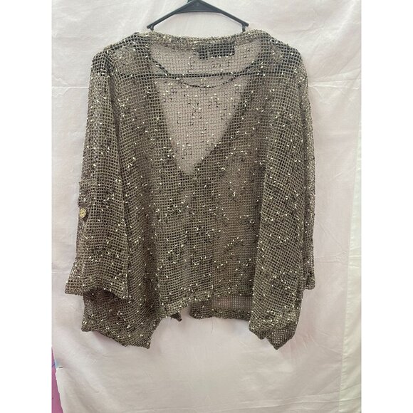 Nina Leonard Women's Size 1X Brown & Tan Mesh 3/4in Sleeves Button Down Shirt - Picture 3 of 4